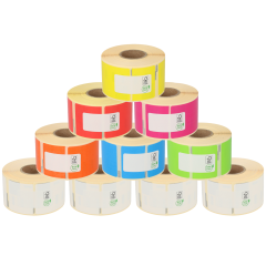 Lot d’étiquettes de couleurs compatibles Dymo 99012 / S0722400, 6 rouleaux de couleurs + 4 rouleaux blancs, format 89 mm x 36 mm, 260 étiquettes par rouleau, permanent